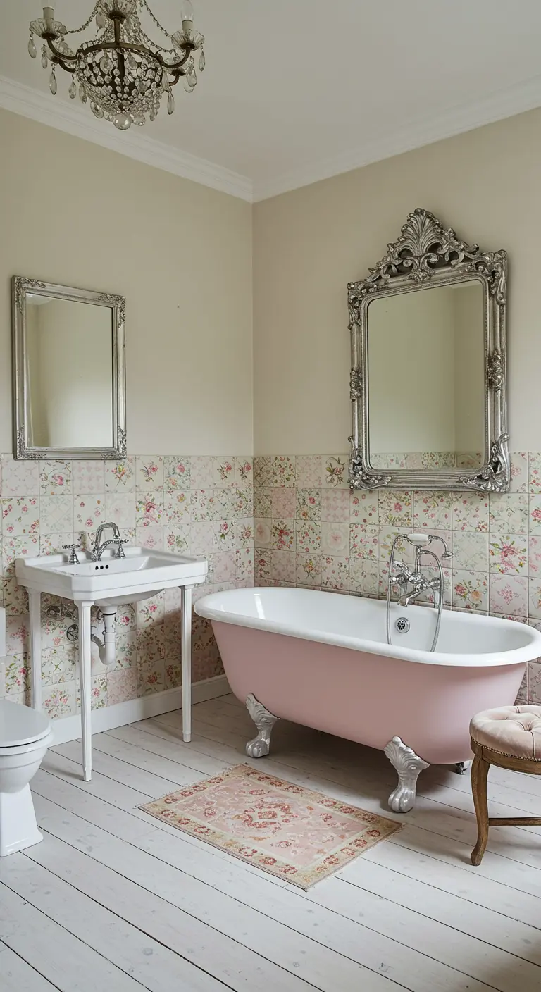 Shabby chic bathroom with floral tiles, a pink clawfoot tub, and ornate silver mirrors.