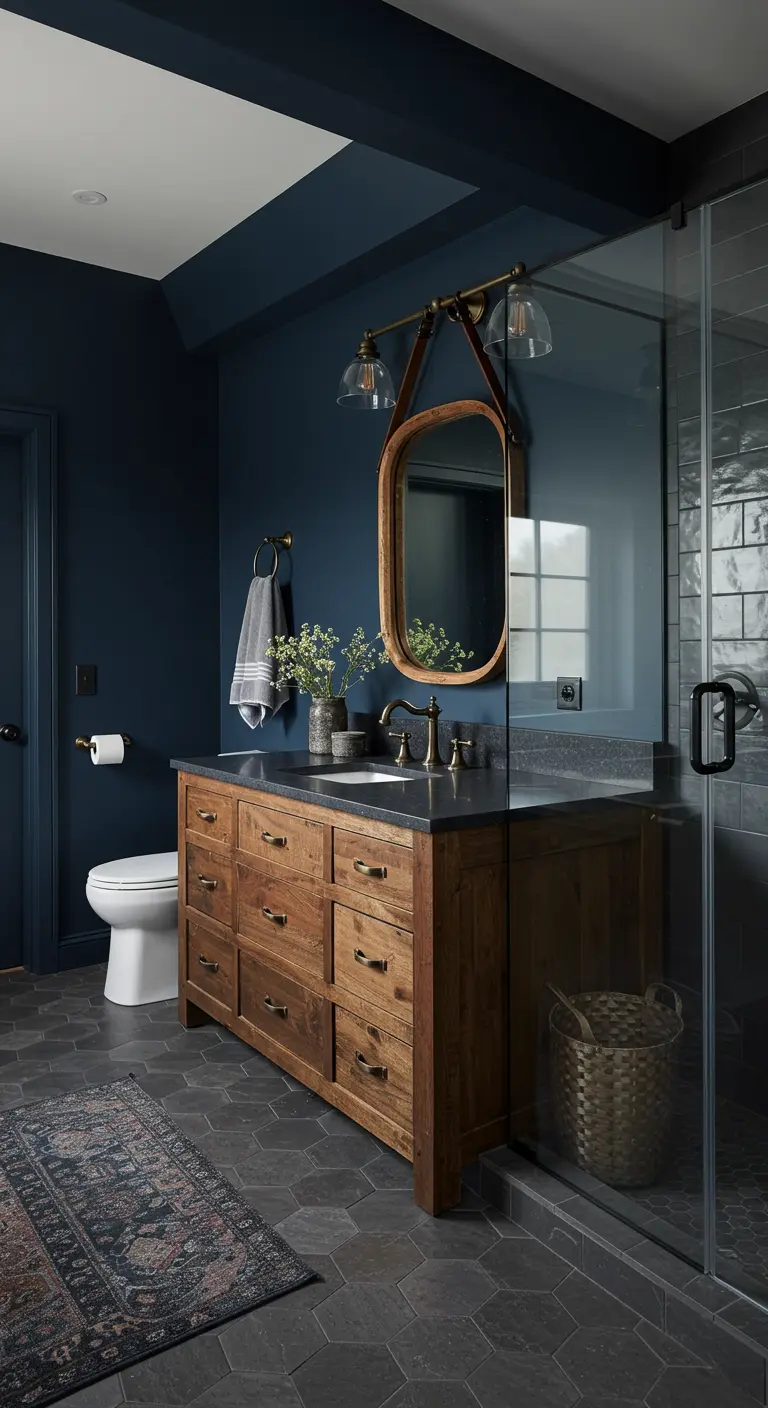 Moody bathroom with deep blue walls, a rustic wood vanity, and a mirror with a leather strap.
