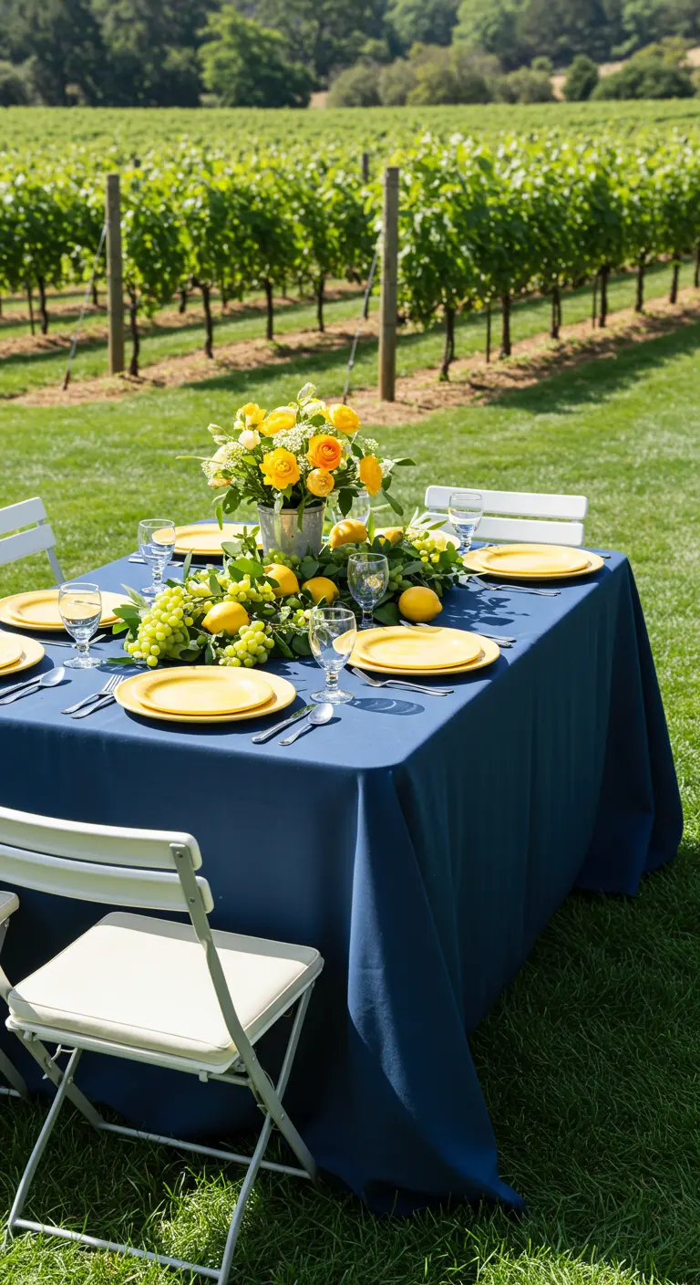 A table with a navy blue tablecloth, bright yellow plates, and a centerpiece of yellow flowers.