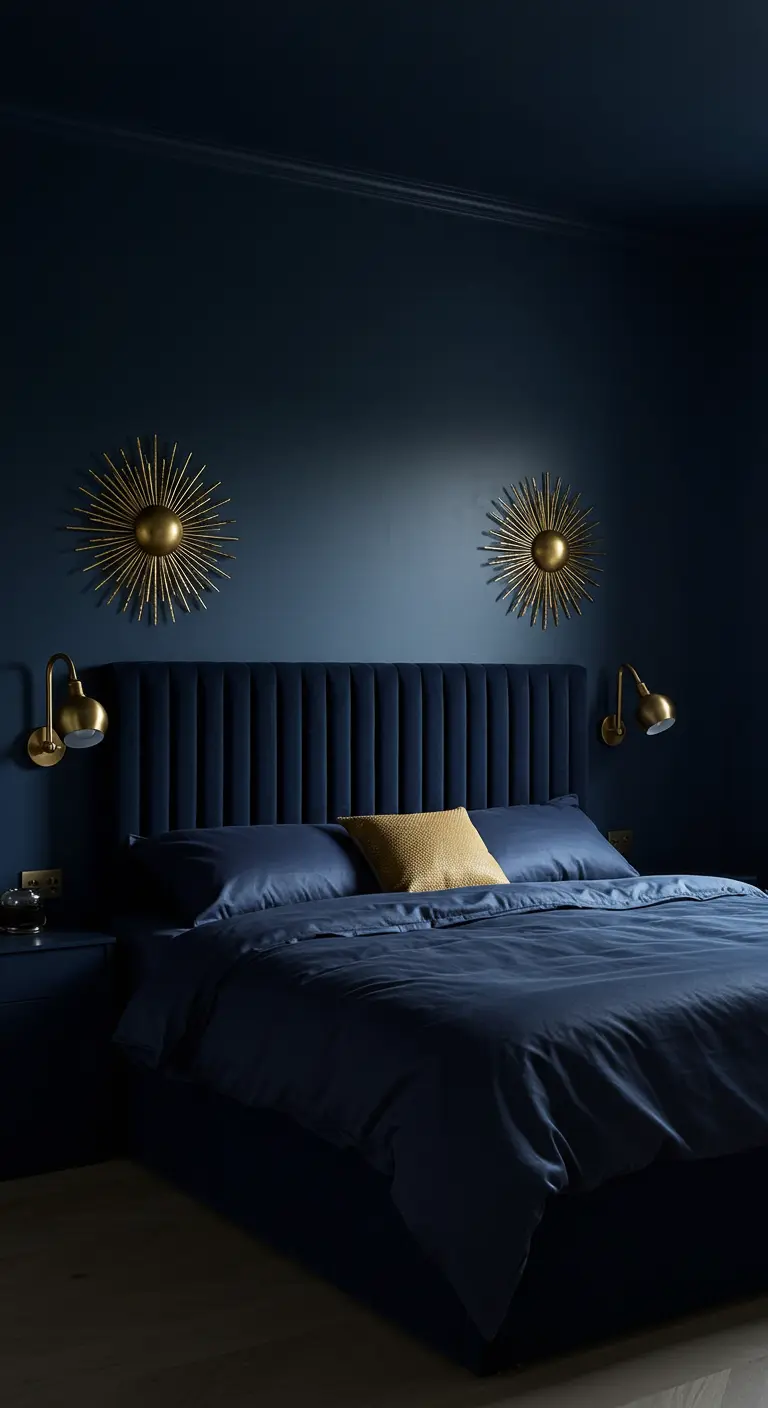 Navy blue bedroom with a velvet headboard and gold sunburst mirrors.