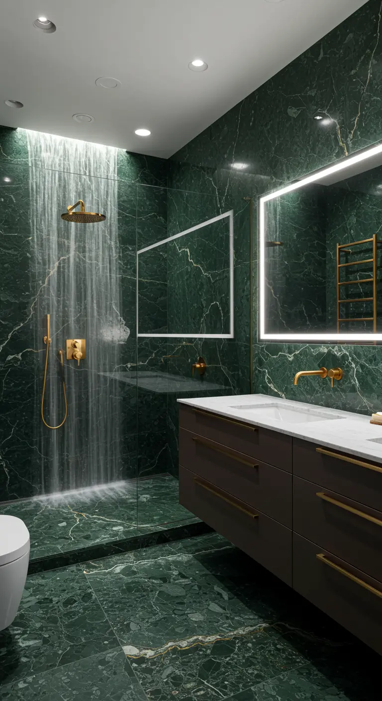 A luxurious dark green marble bathroom with a ceiling waterfall shower and brushed gold fixtures.