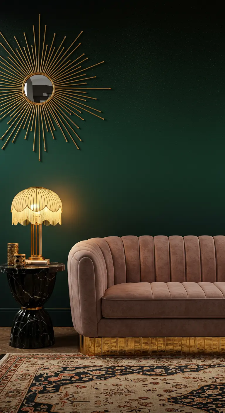Dusty pink velvet sofa against a dark green wall with a gold sunburst mirror.