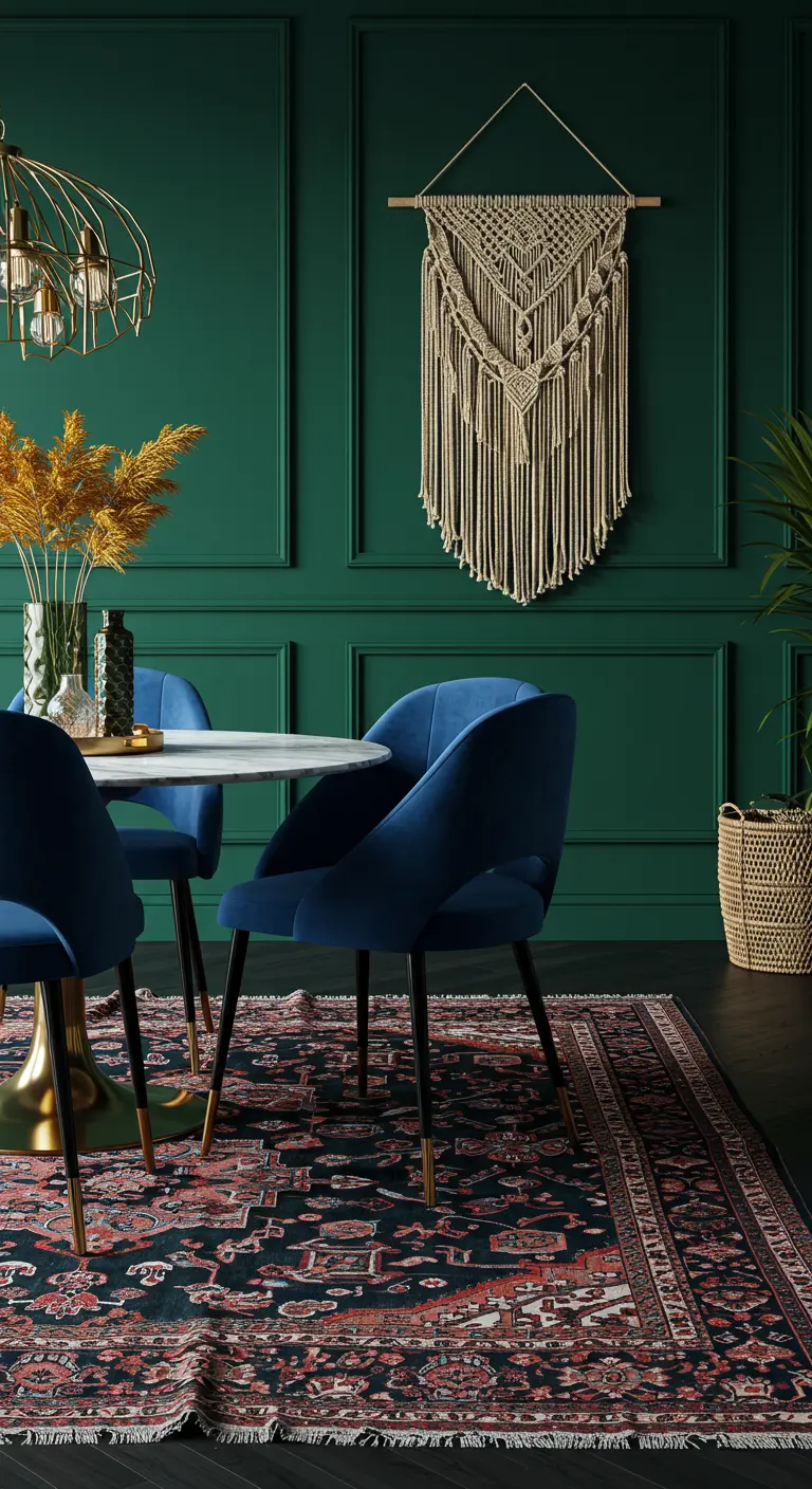 An elegant dining room with deep green paneled walls, blue velvet chairs, and a brass light fixture.