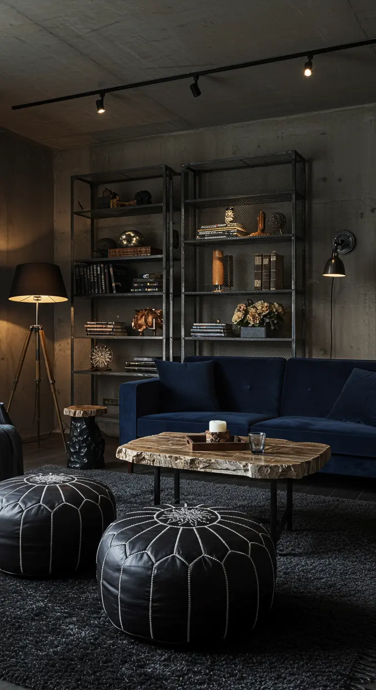 Moody living room with a navy velvet sofa, black metal shelving, and black leather poufs.