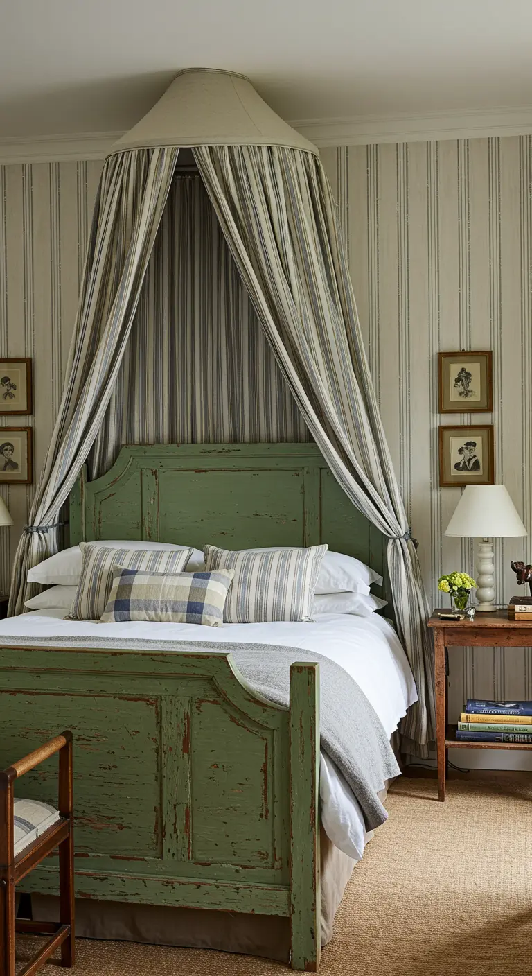 Country bedroom with a distressed green painted bed, a striped canopy, and striped wallpaper.