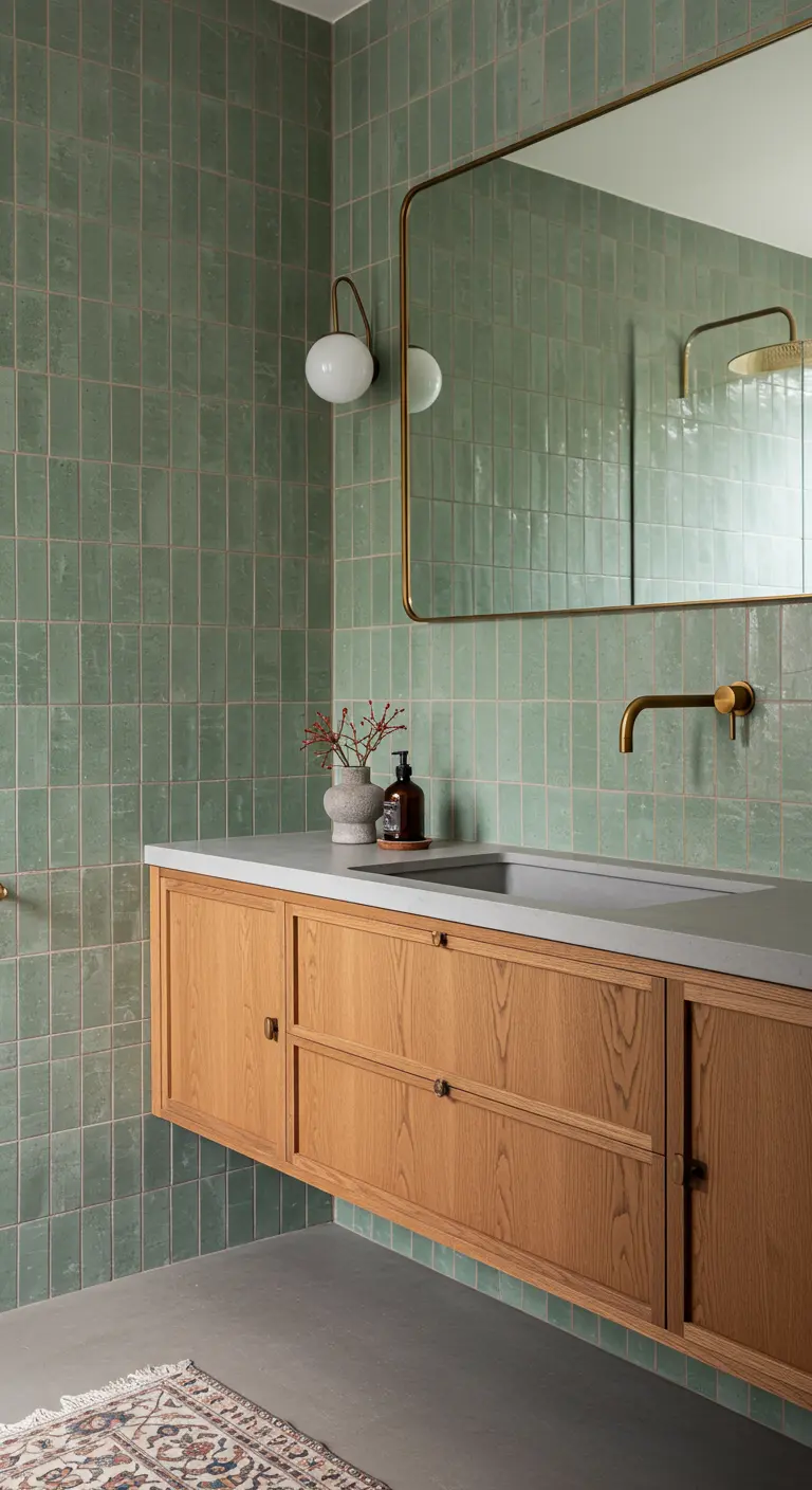 Japandi bathroom with glossy green square tiles and a floating oak vanity.