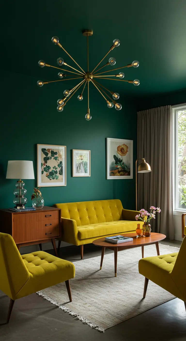 Mid-century modern room with green walls, a chartreuse sofa, and a brass sputnik chandelier.