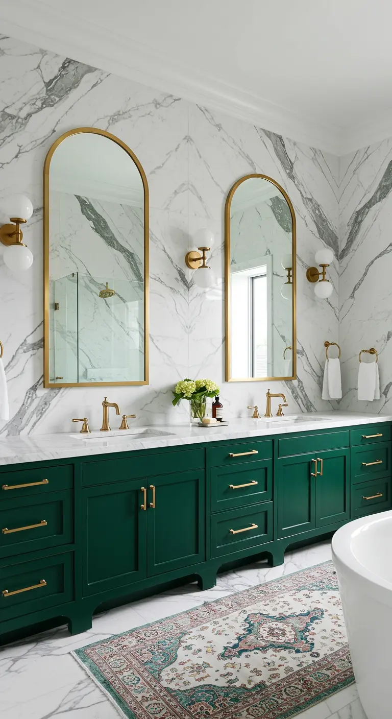 Bathroom with an emerald green double vanity, a floor-to-ceiling white and gray marble wall, and arched brass mirrors.