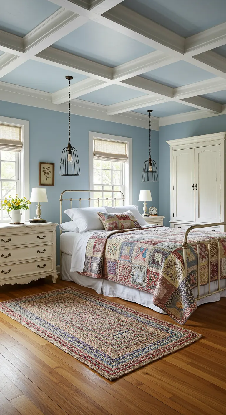 Country bedroom with a blue walls, a white coffered ceiling, and a patchwork quilt.