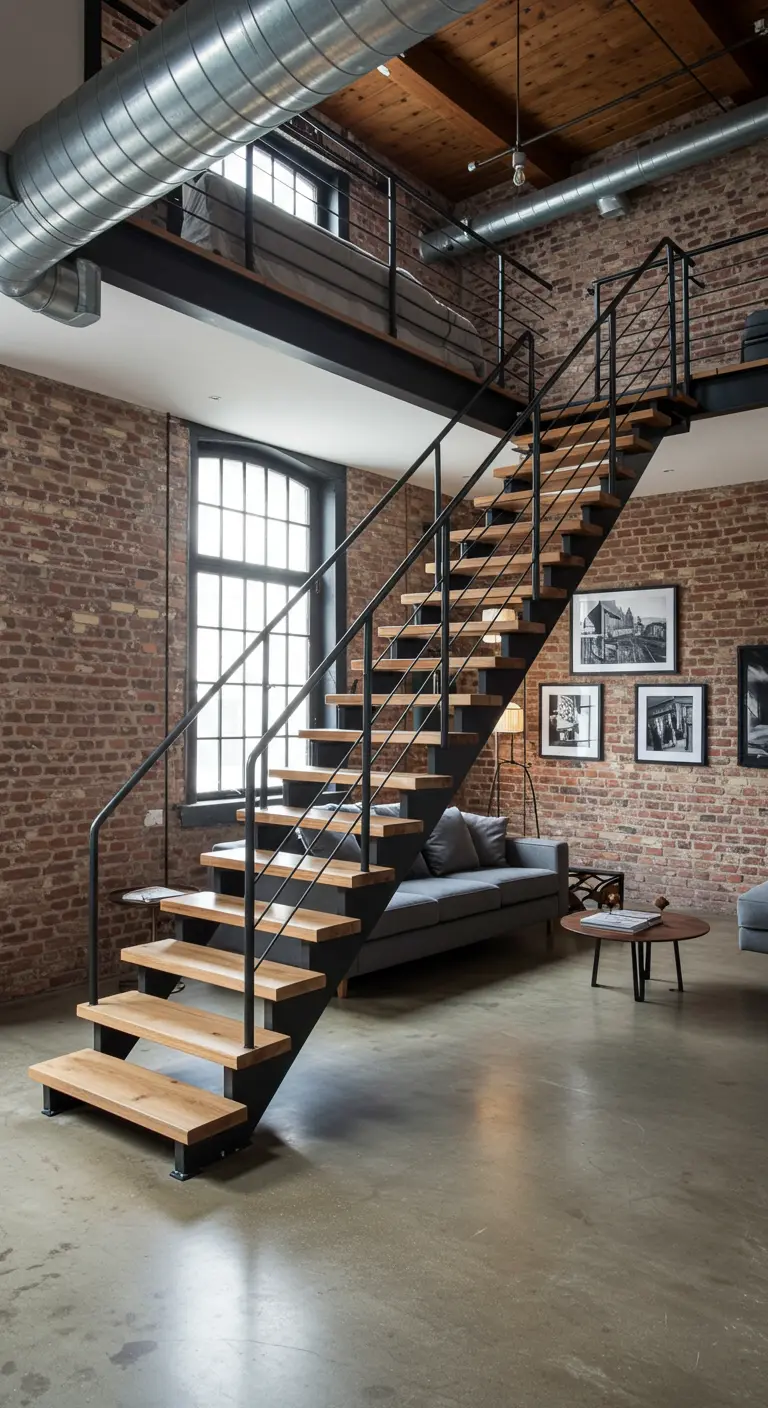 A loft with an open staircase, exposed brick wall, and a gallery of black-and-white photos.