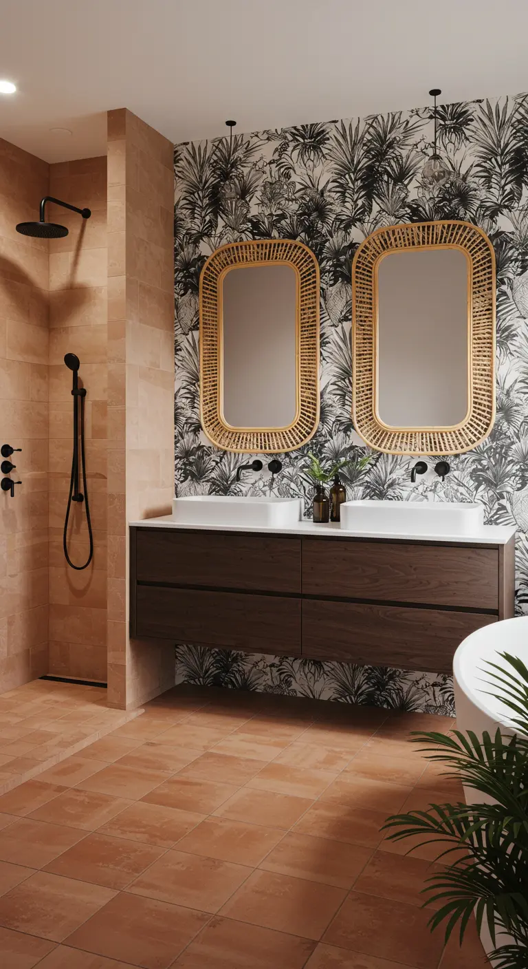 Bathroom with black-and-white jungle wallpaper, dual rattan mirrors, and terra-cotta tiles.