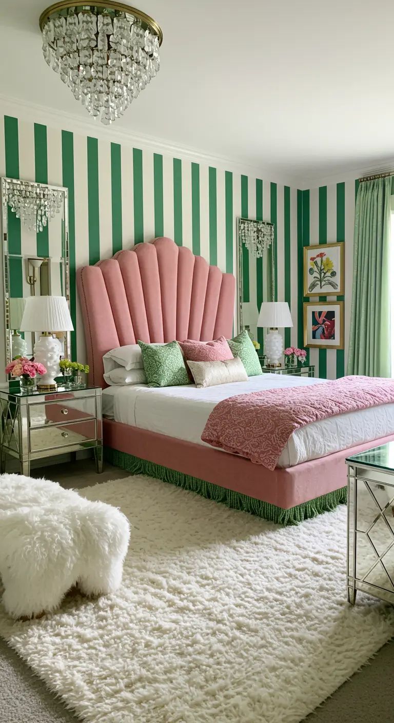 Bedroom with green and white striped walls, a pink scalloped headboard, and mirrored furniture.