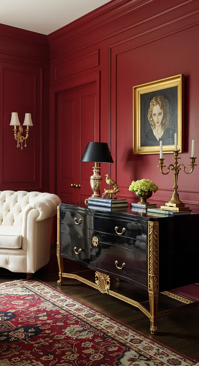 A black lacquered console with ornate gold legs in a dramatic red-walled room.