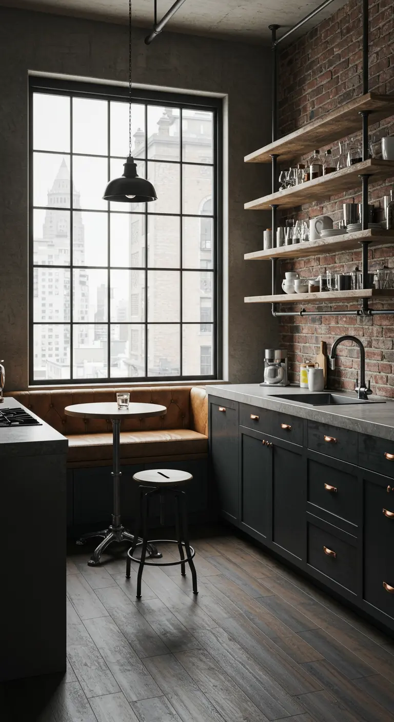 Industrial kitchen with exposed brick, black cabinets, and a leather banquette.