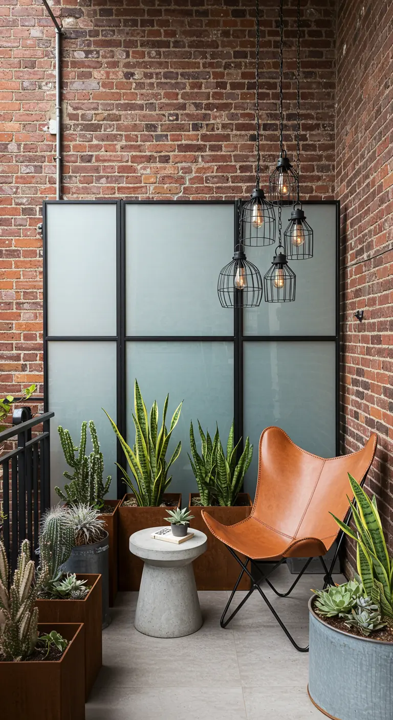 An industrial-style balcony with a frosted glass screen, metal planters, and a leather chair.