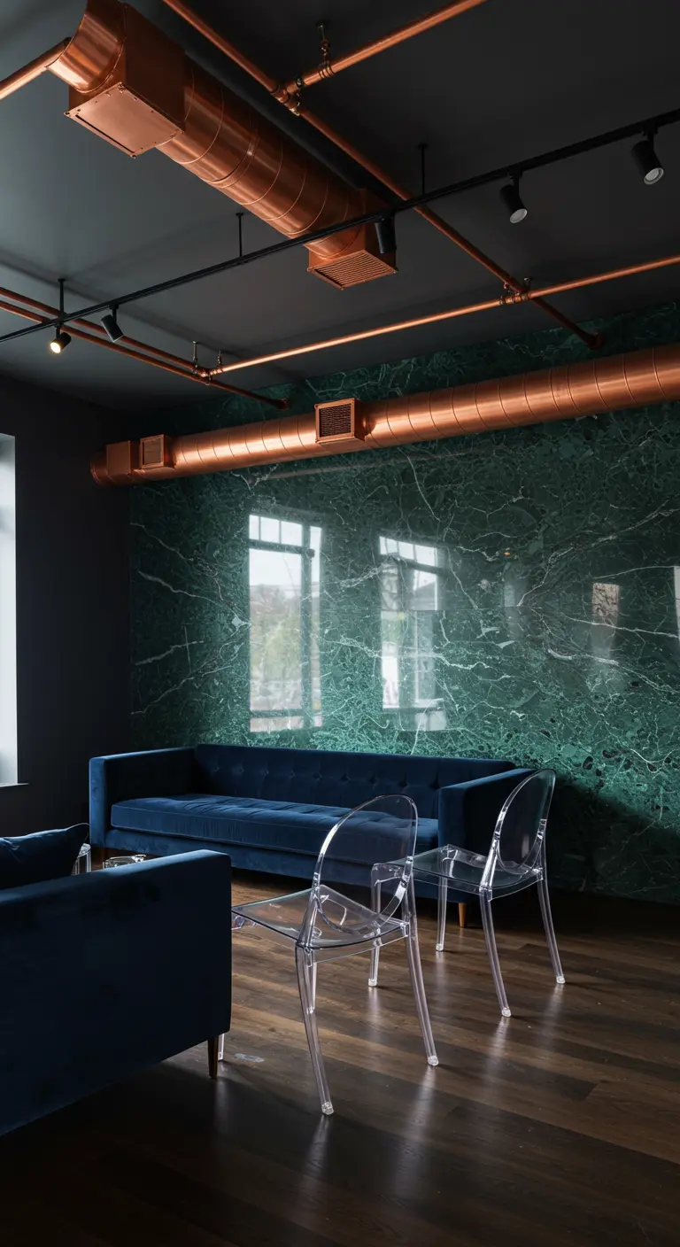 Living room with deep green marble wall, navy velvet sofa, and clear acrylic chairs.