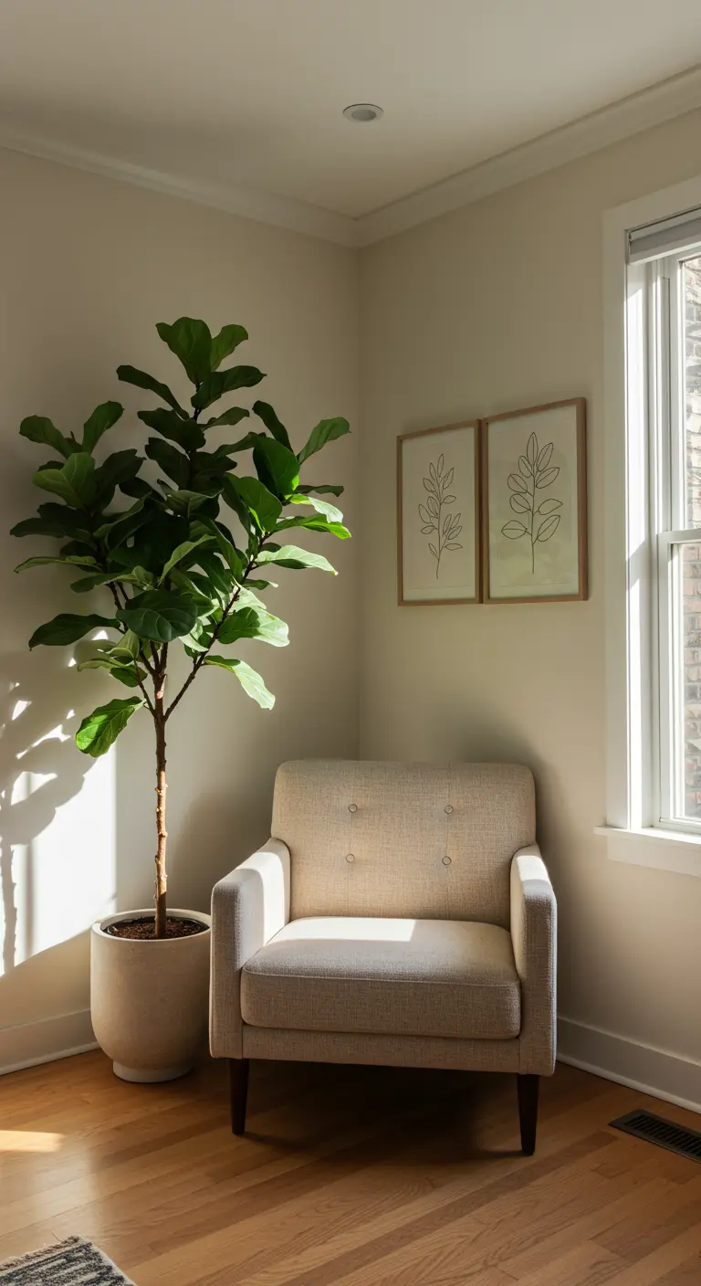 A sunlit corner with a large fiddle-leaf fig next to an armchair and two botanical line drawings.