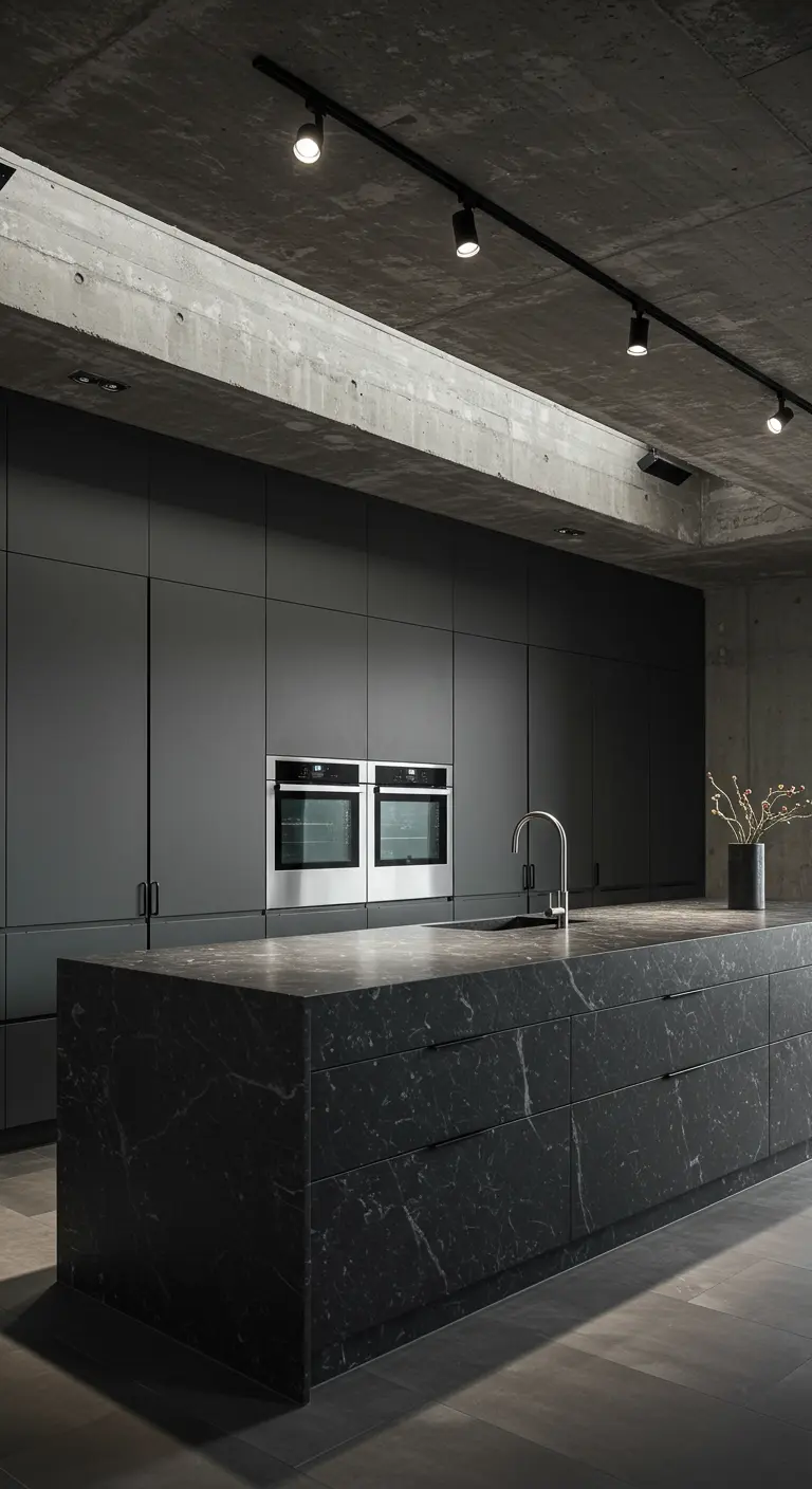 Dark kitchen with a black veined marble island, matte black cabinets, and a raw concrete ceiling.