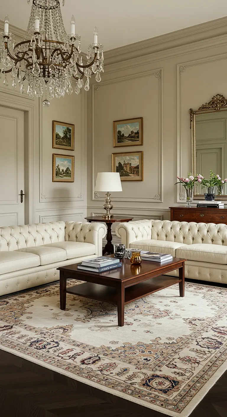 Elegant living room with cream Chesterfield sofas, a crystal chandelier, and ornate wall moldings.