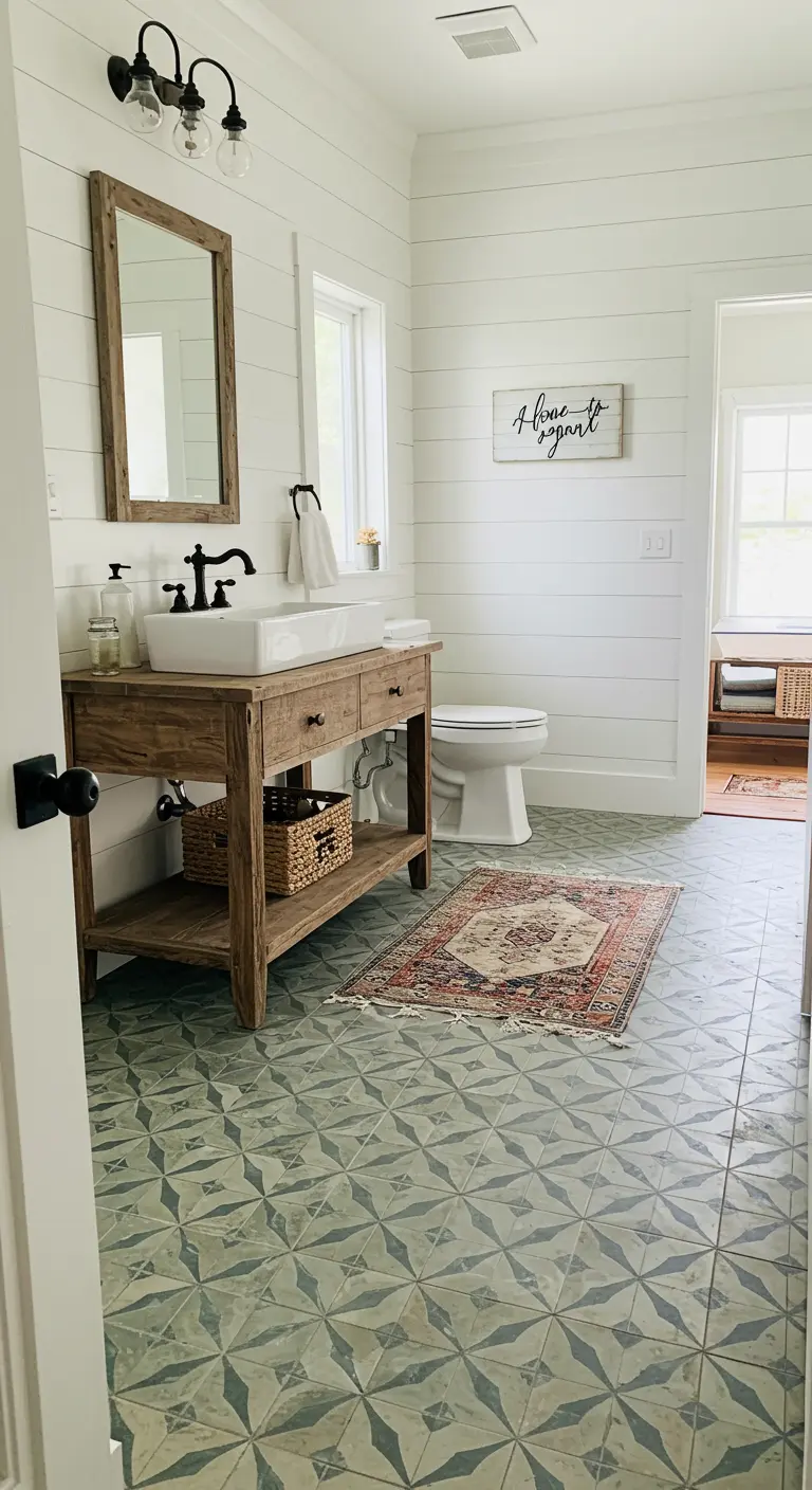 Farmhouse bathroom with sage green patterned floor tile, shiplap walls, and a wood vanity.