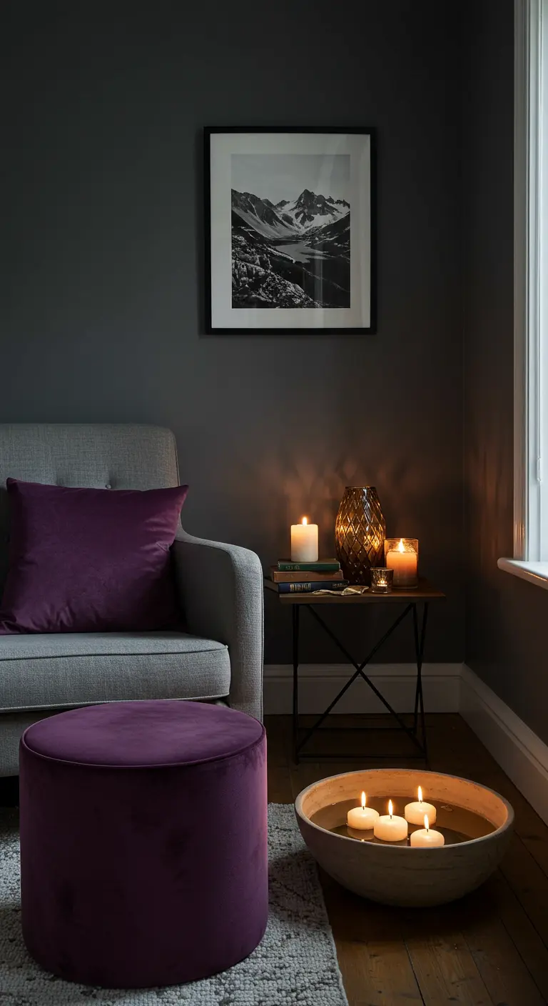 A gray sofa is paired with a plum velvet ottoman and pillow, with floating candles nearby.