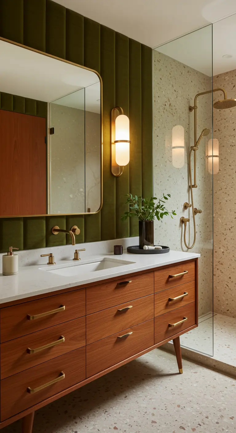 Mid-century modern bathroom with an olive velvet wall, wood vanity, and terrazzo floor.