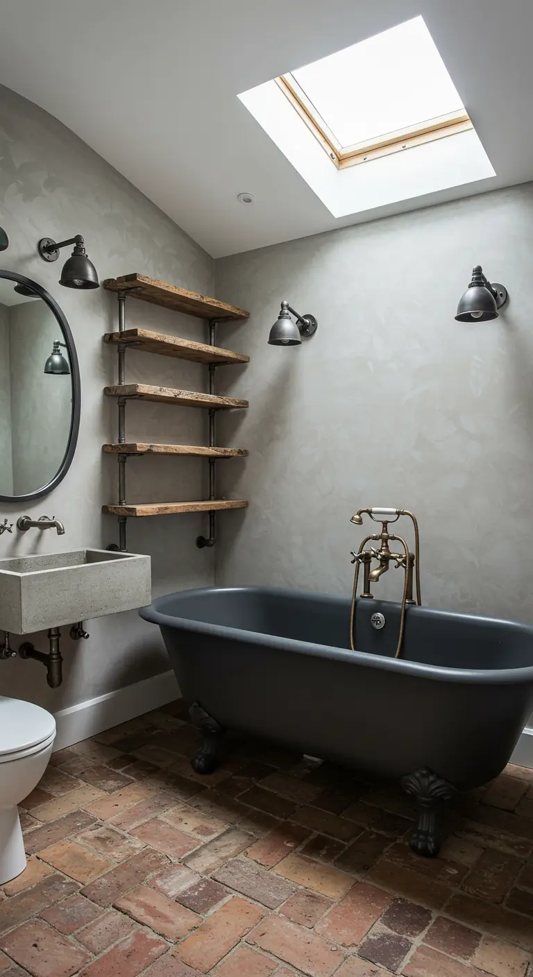 A bathroom with grey concrete walls, a clawfoot tub, and reclaimed brick flooring under a skylight.