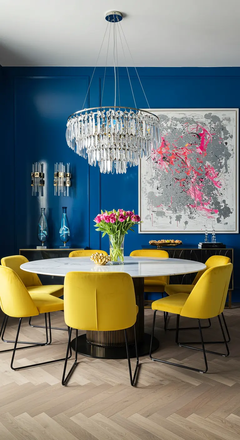 Dining room with cobalt blue walls, yellow velvet chairs, and a large crystal chandelier.