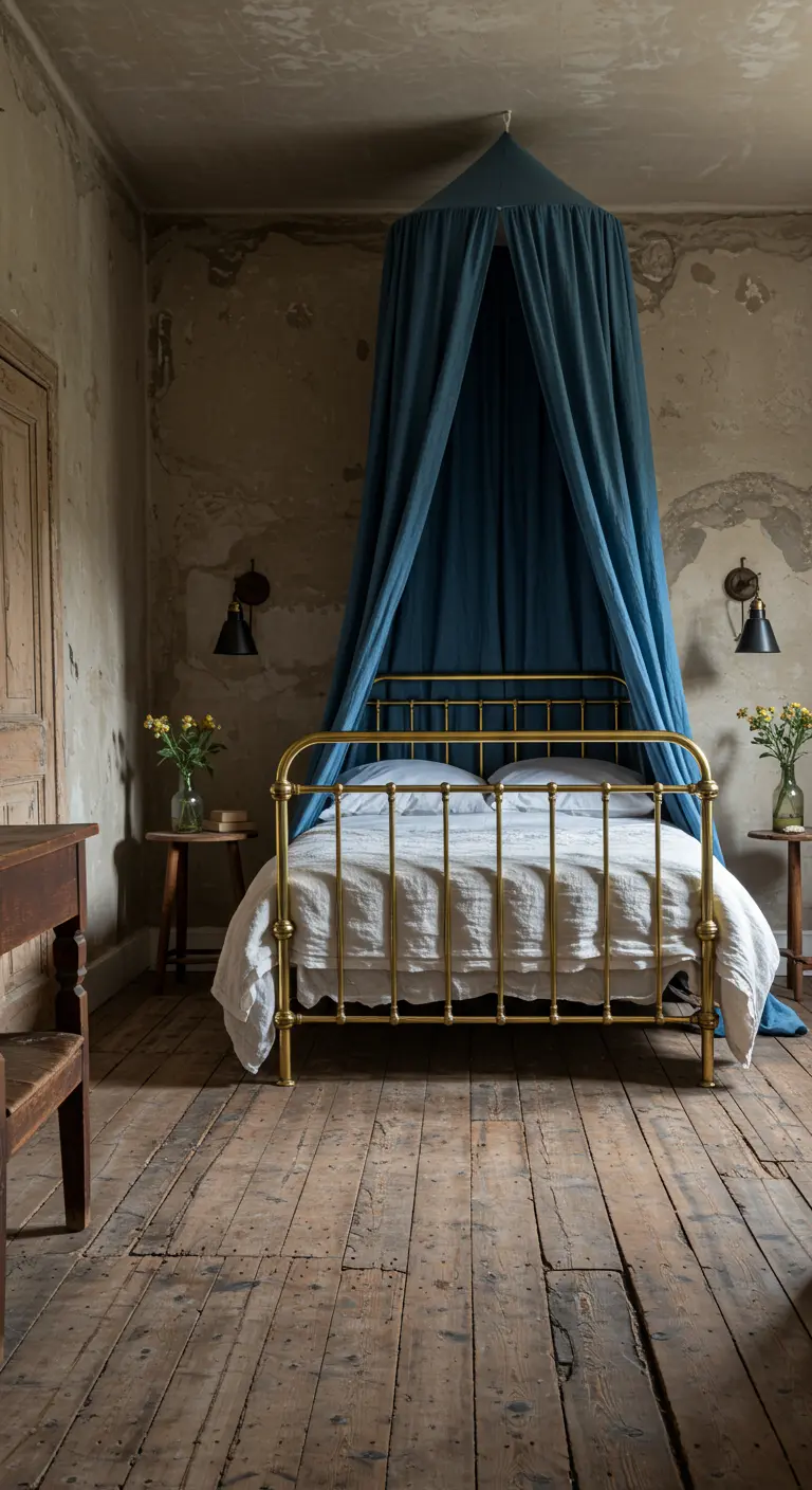 A polished brass bed with a blue canopy set against weathered, distressed plaster walls.