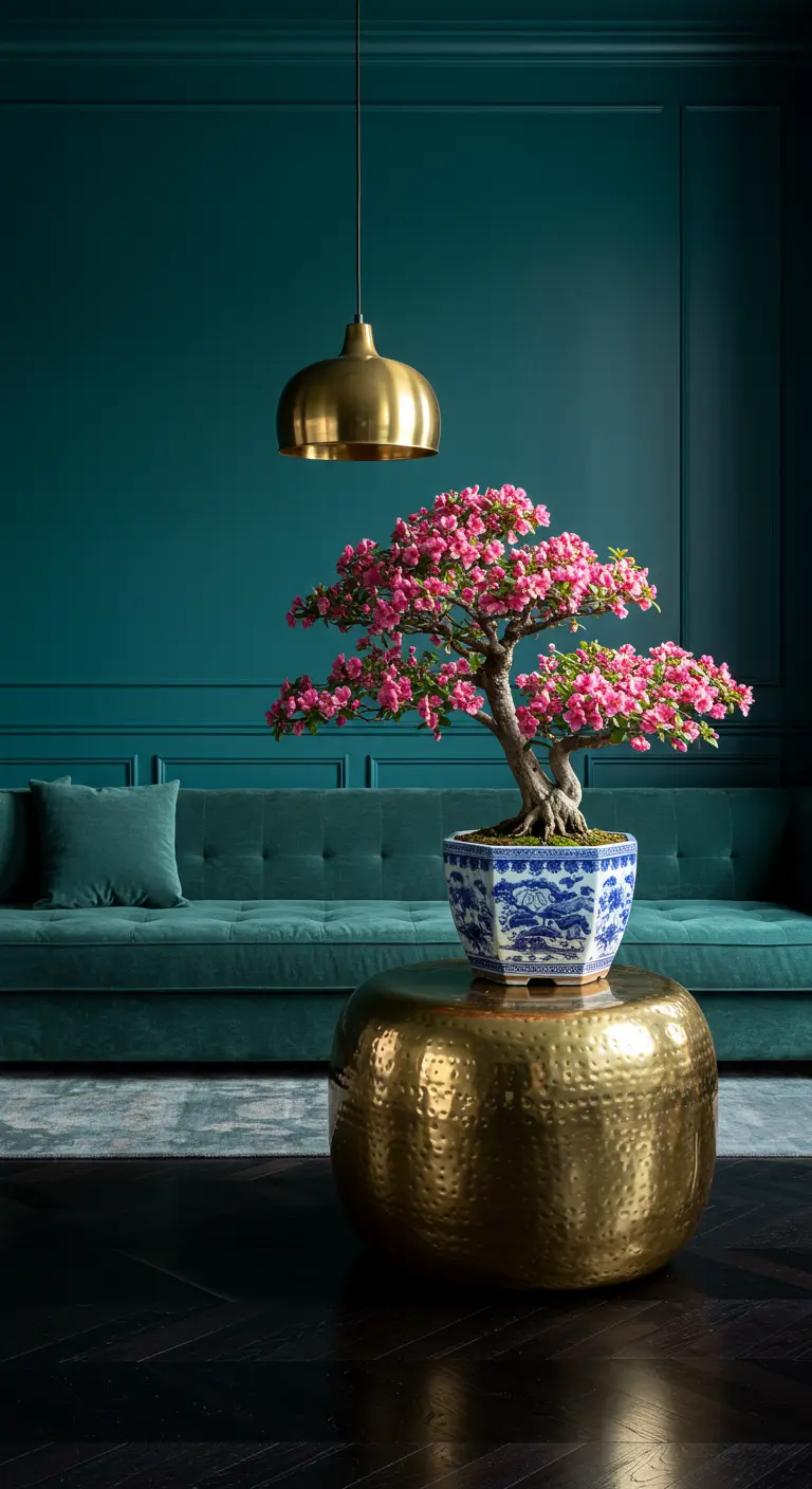 A luxurious room with deep teal walls, a tufted velvet sofa, and a hammered brass side table.