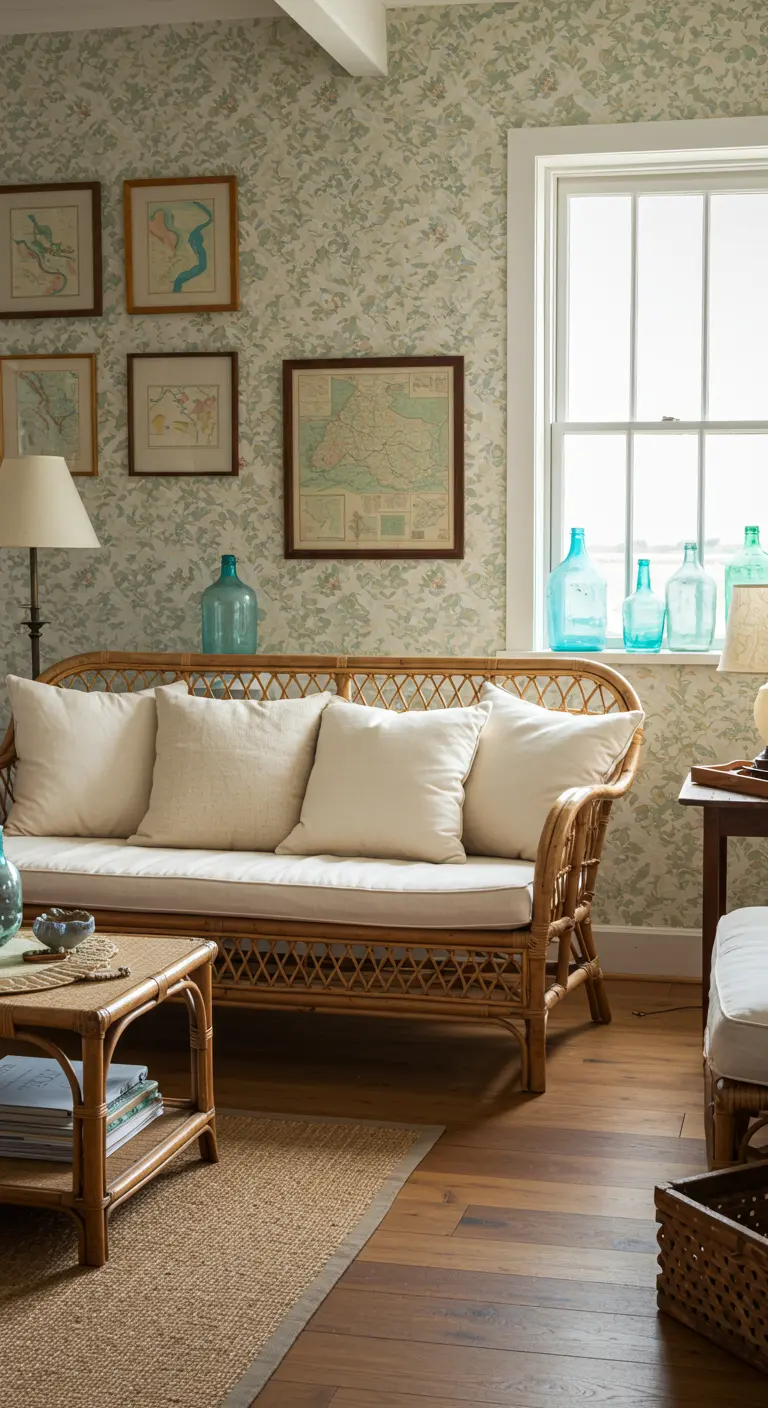 Rattan sofa in front of a wall with green floral wallpaper and a gallery of maps.