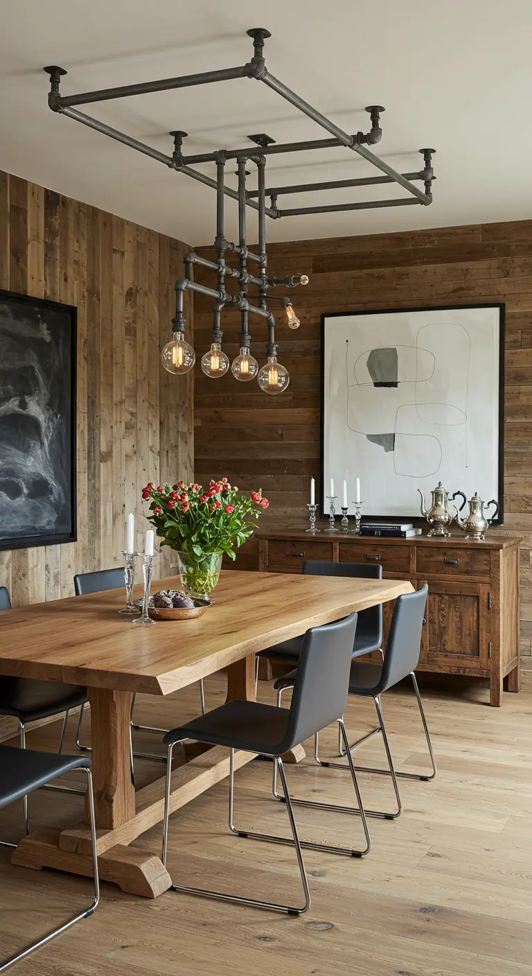 A dining room with rustic wood walls, a modern pipe chandelier, and sleek black chairs.