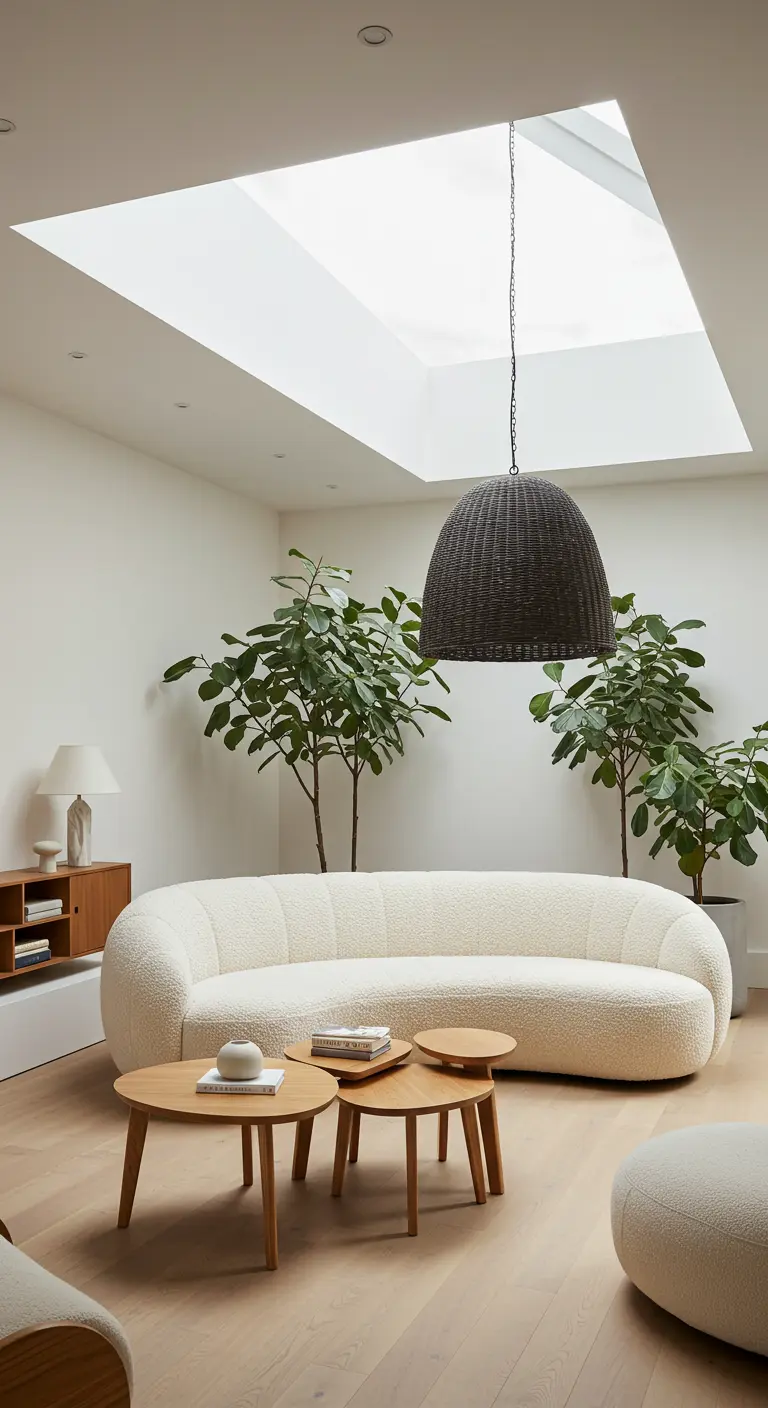 A modern living room with a curved bouclé sofa, ficus trees, and a dark wicker pendant light.
