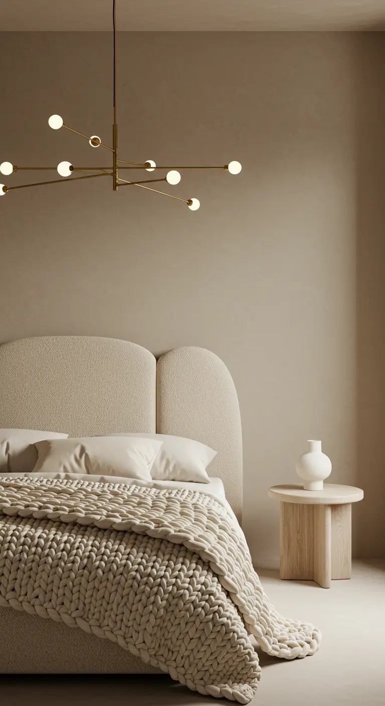 Creamy beige bedroom with a curved boucle headboard and a modern brass sputnik chandelier.