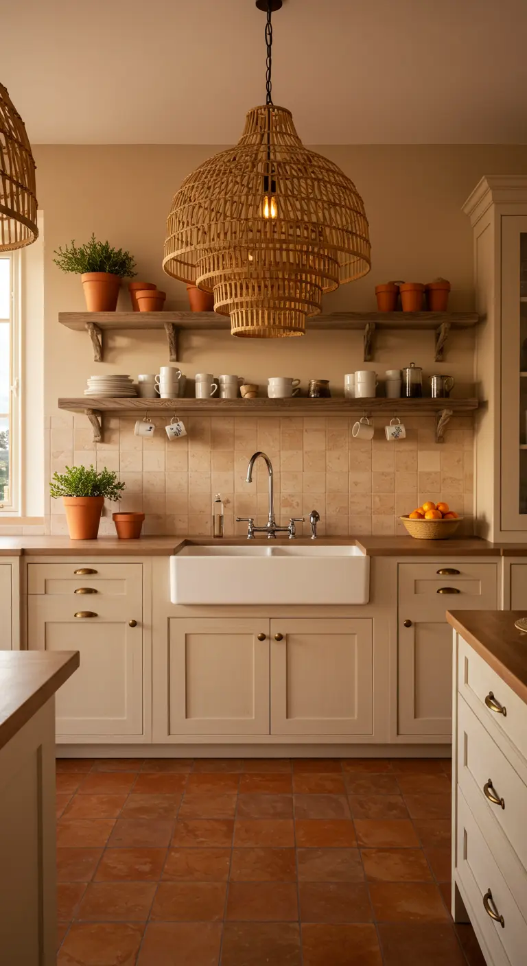 Tiered woven pendant in a beige kitchen with terracotta tile floors and an apron-front sink.