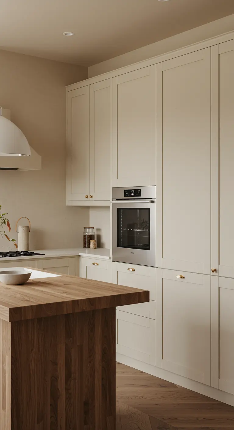 A kitchen with cream shaker-style cabinets and a dark wood island.