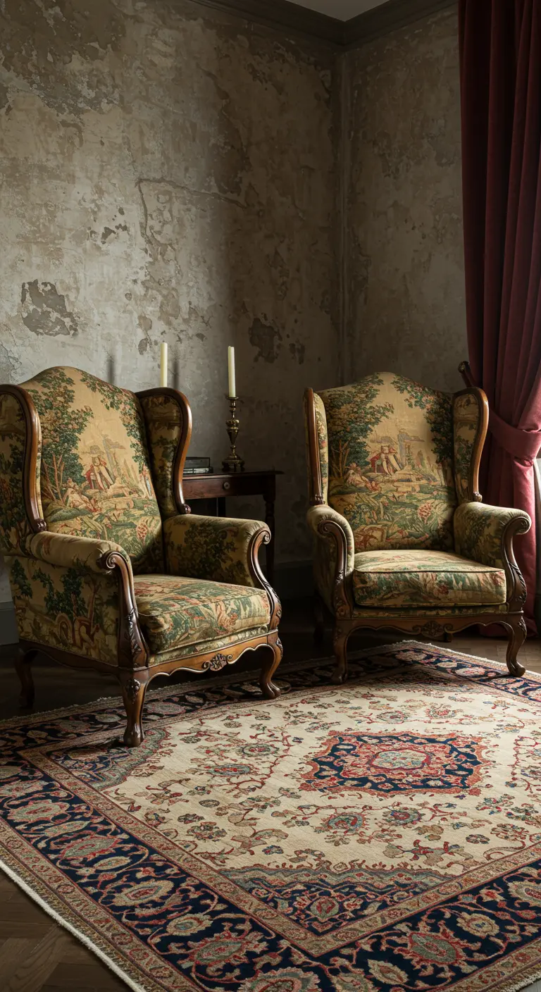 Two matching toile-upholstered wingback chairs in a room with distressed plaster walls.