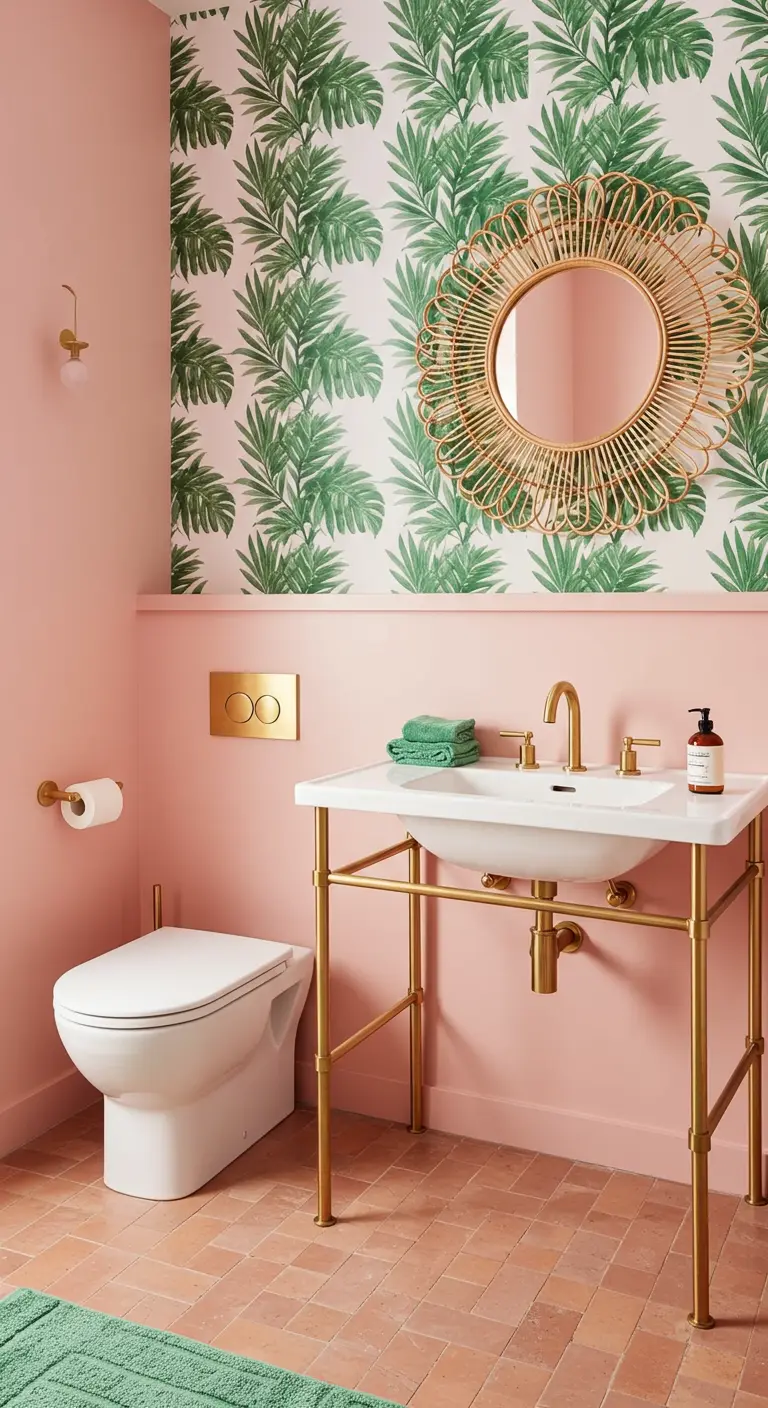 Bathroom with green botanical wallpaper above pink walls and a gold console sink.