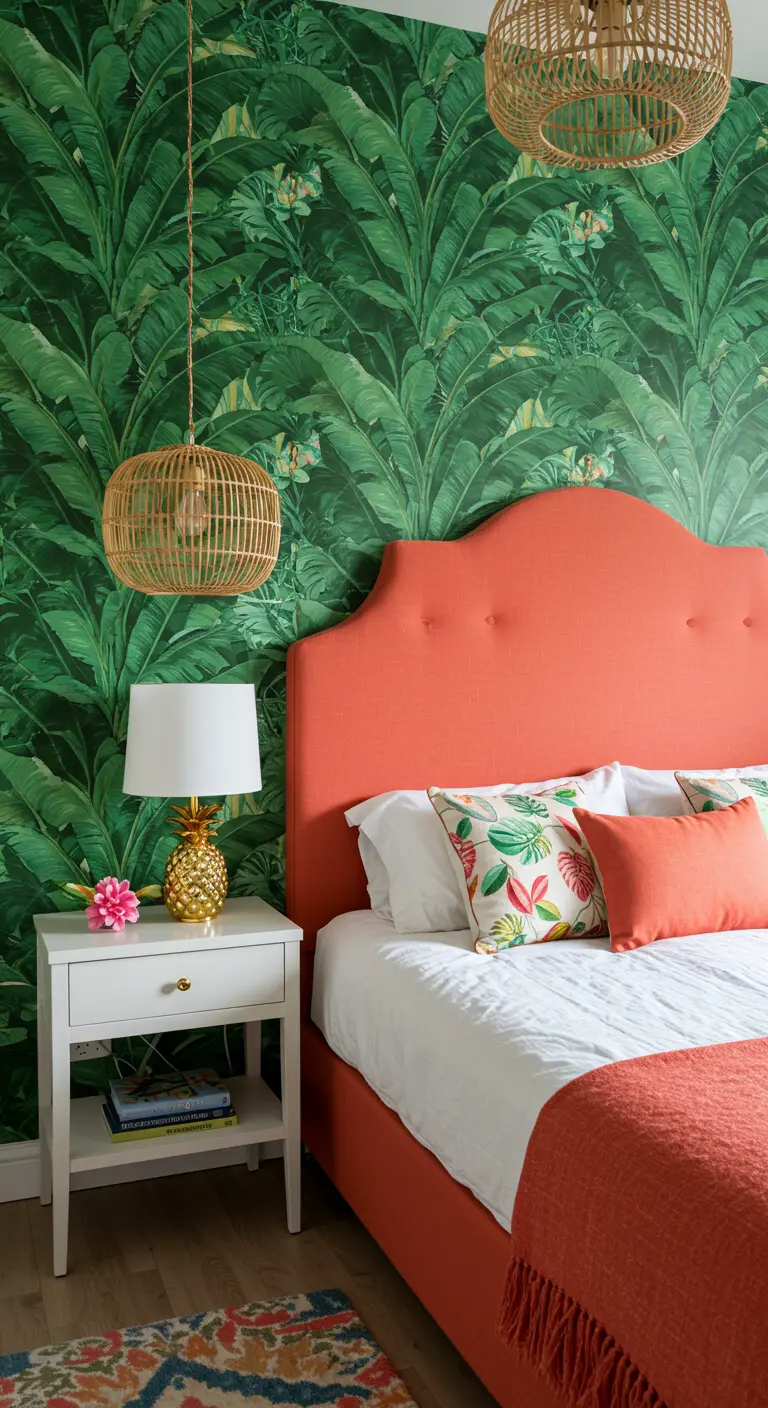 Tropical bedroom with palm leaf wallpaper, a coral headboard, and rattan lights.
