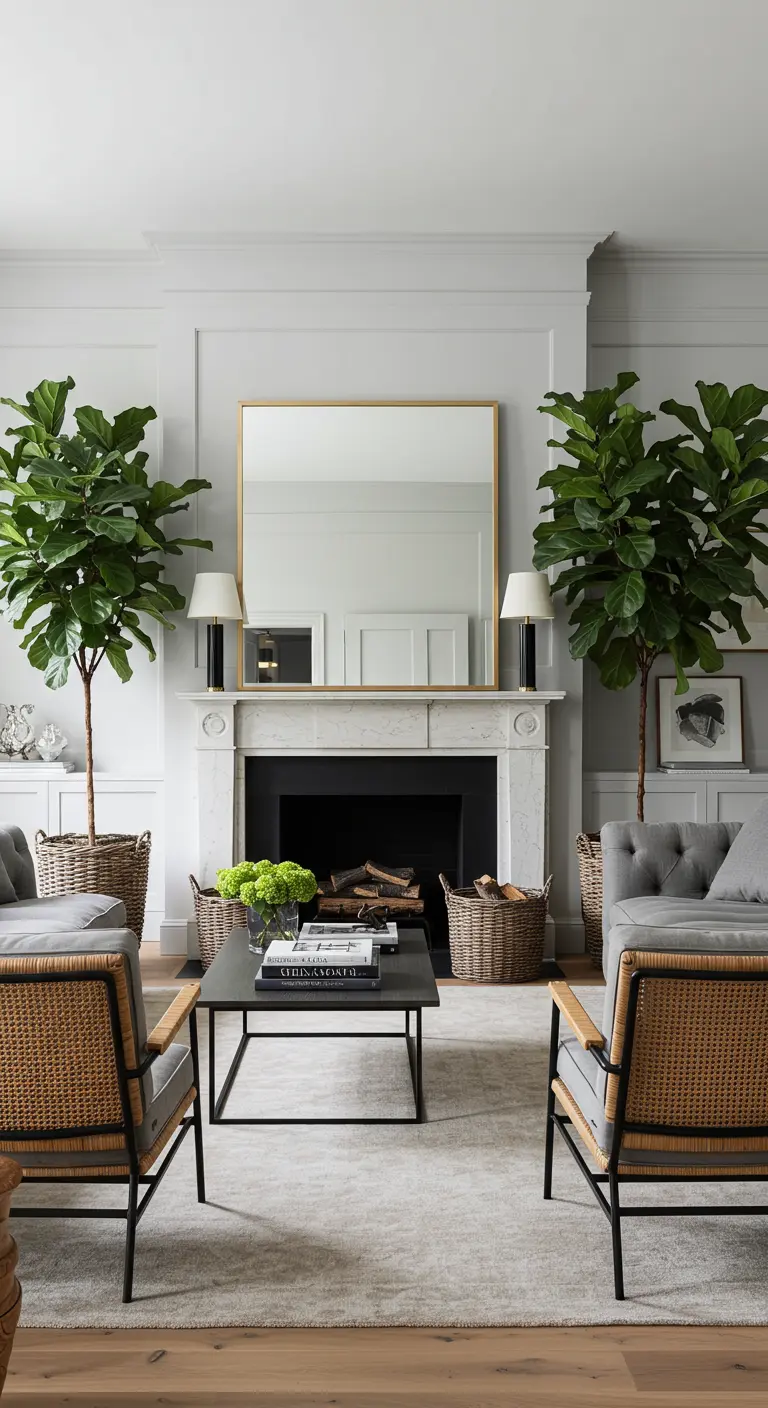 A formal living room with two fiddle-leaf figs, a large mirror, and two wicker armchairs.