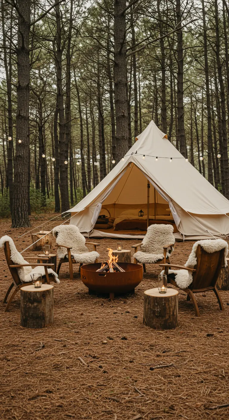 A canvas glamping tent pitched behind a fire pit circle with sheepskin-draped chairs.