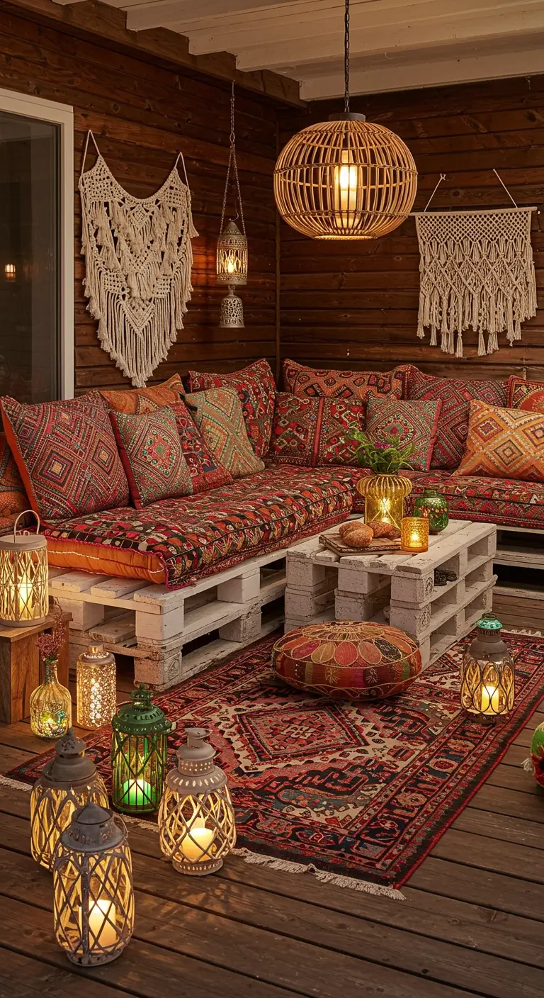 Bohemian patio with pallet sofas, colorful patterned cushions, layered rugs, and many lanterns.