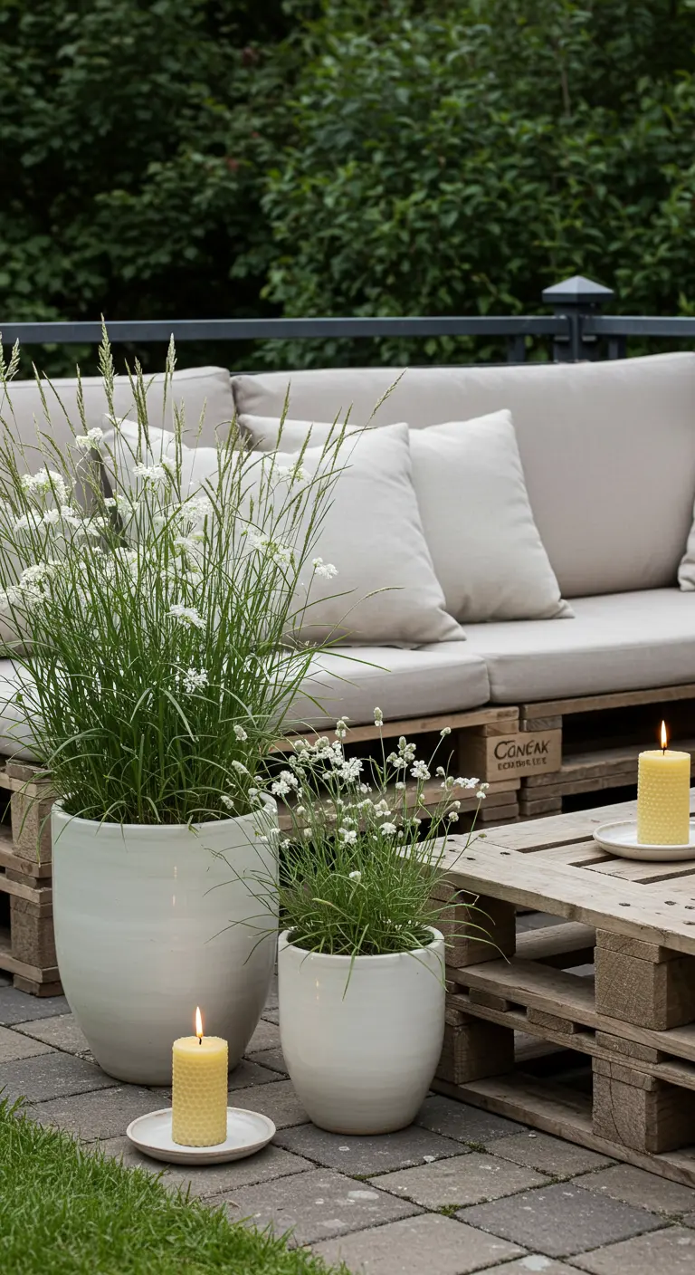 A patio with a pallet sofa and white ceramic pots holding ornamental grasses.