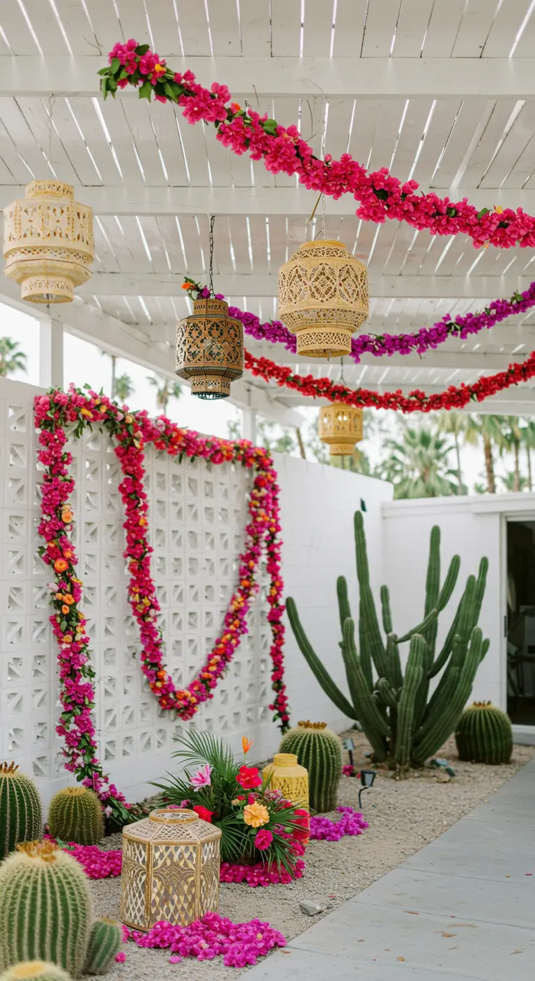 A white breeze block wall decorated with vibrant pink flower garlands and hanging lanterns.