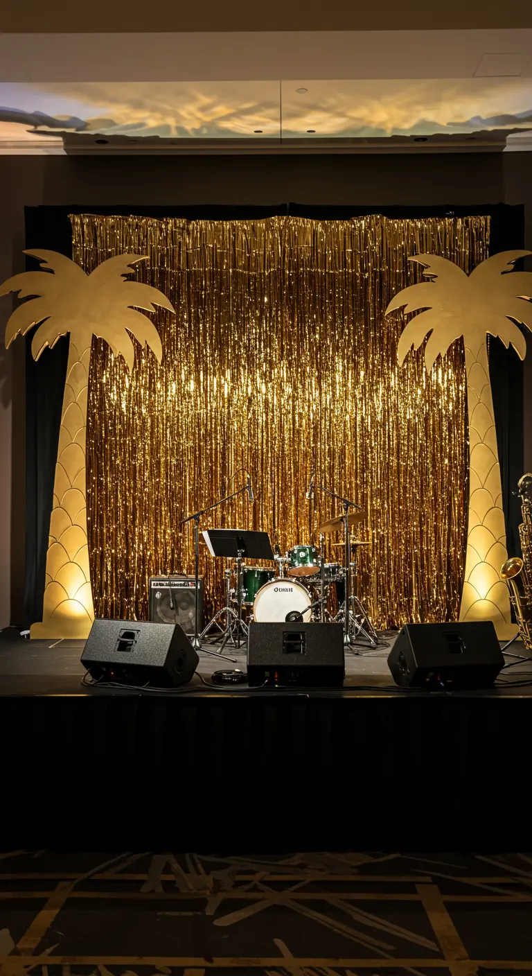 A party stage with a gold fringe curtain backdrop and two large, gold Art Deco-style palm tree cutouts.