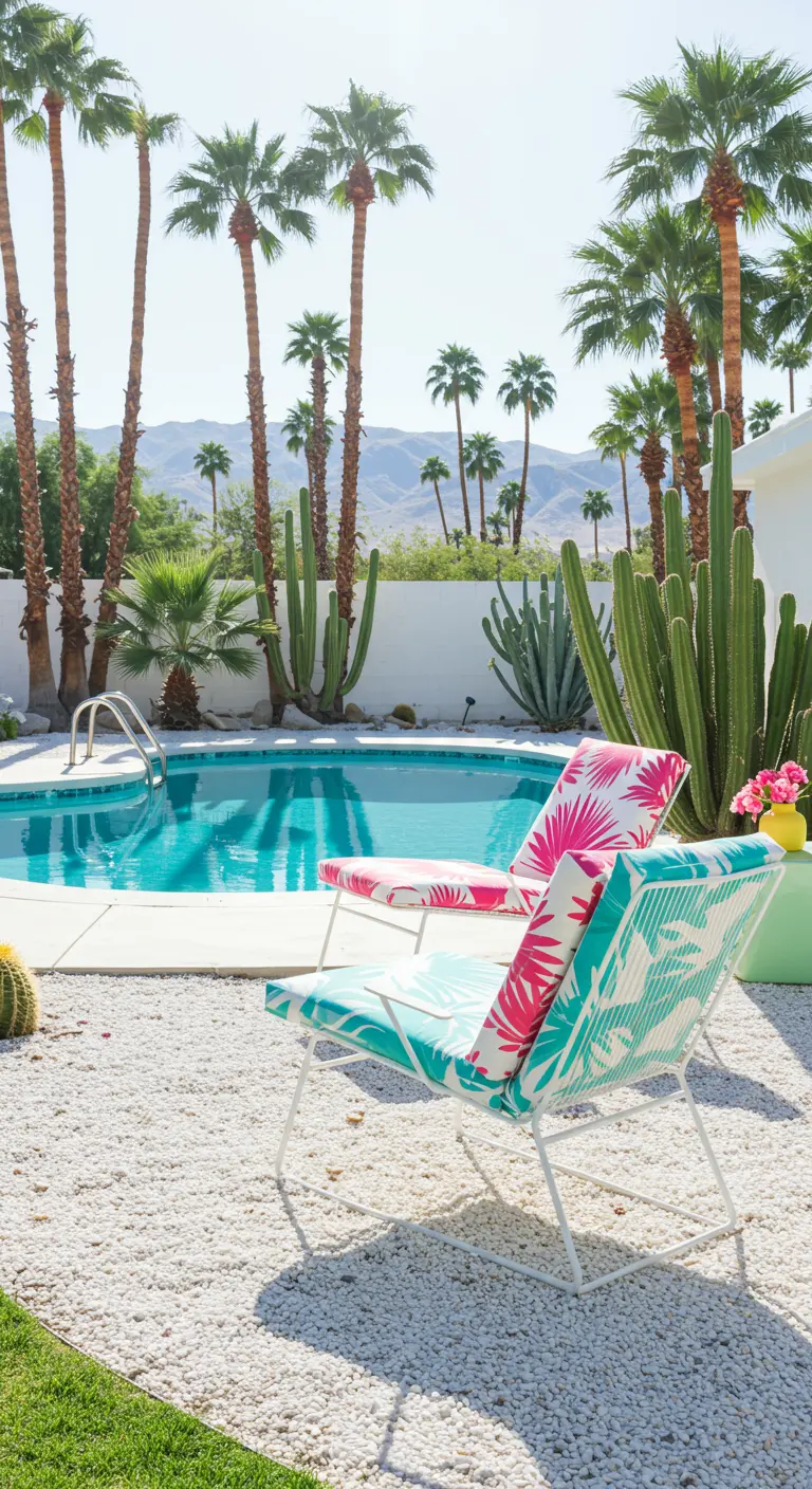 Two white wireframe chairs with tropical print cushions on white gravel by a swimming pool with palm trees.