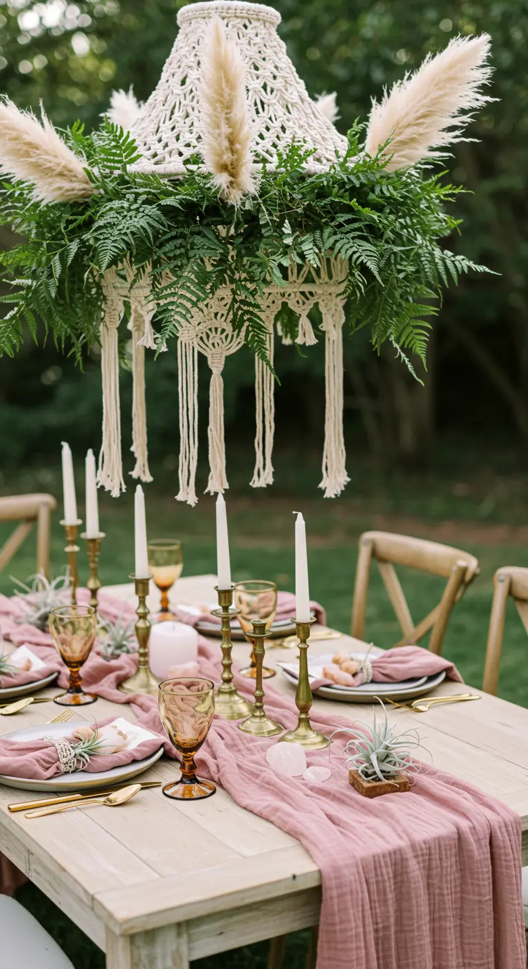 Boho tablescape with a macrame and pampas grass chandelier.