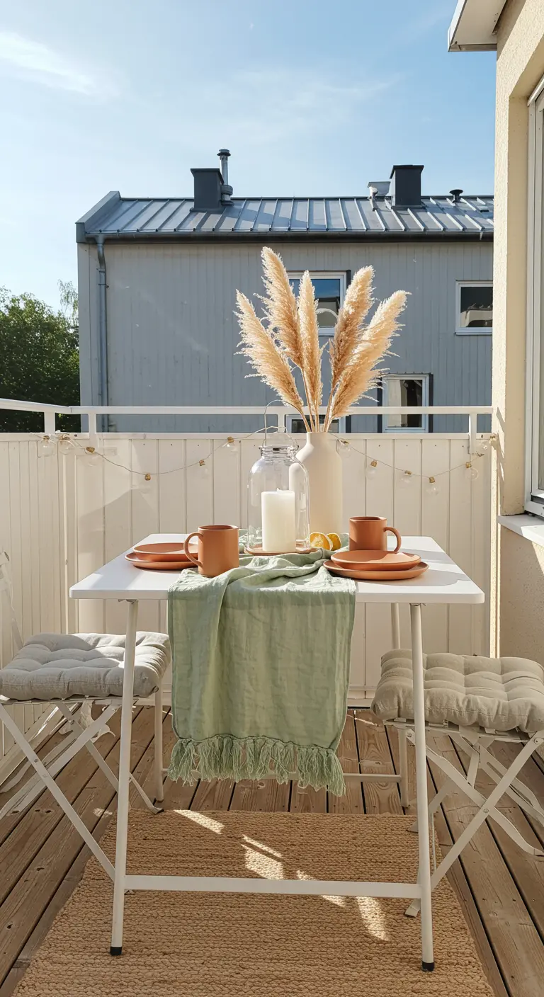 White balcony table with pampas grass, a green runner, and terracotta mugs.