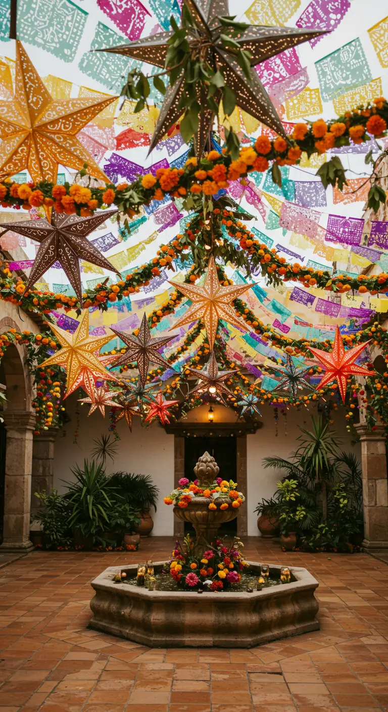 A festive courtyard filled with colorful papel picado banners and hanging star lanterns.