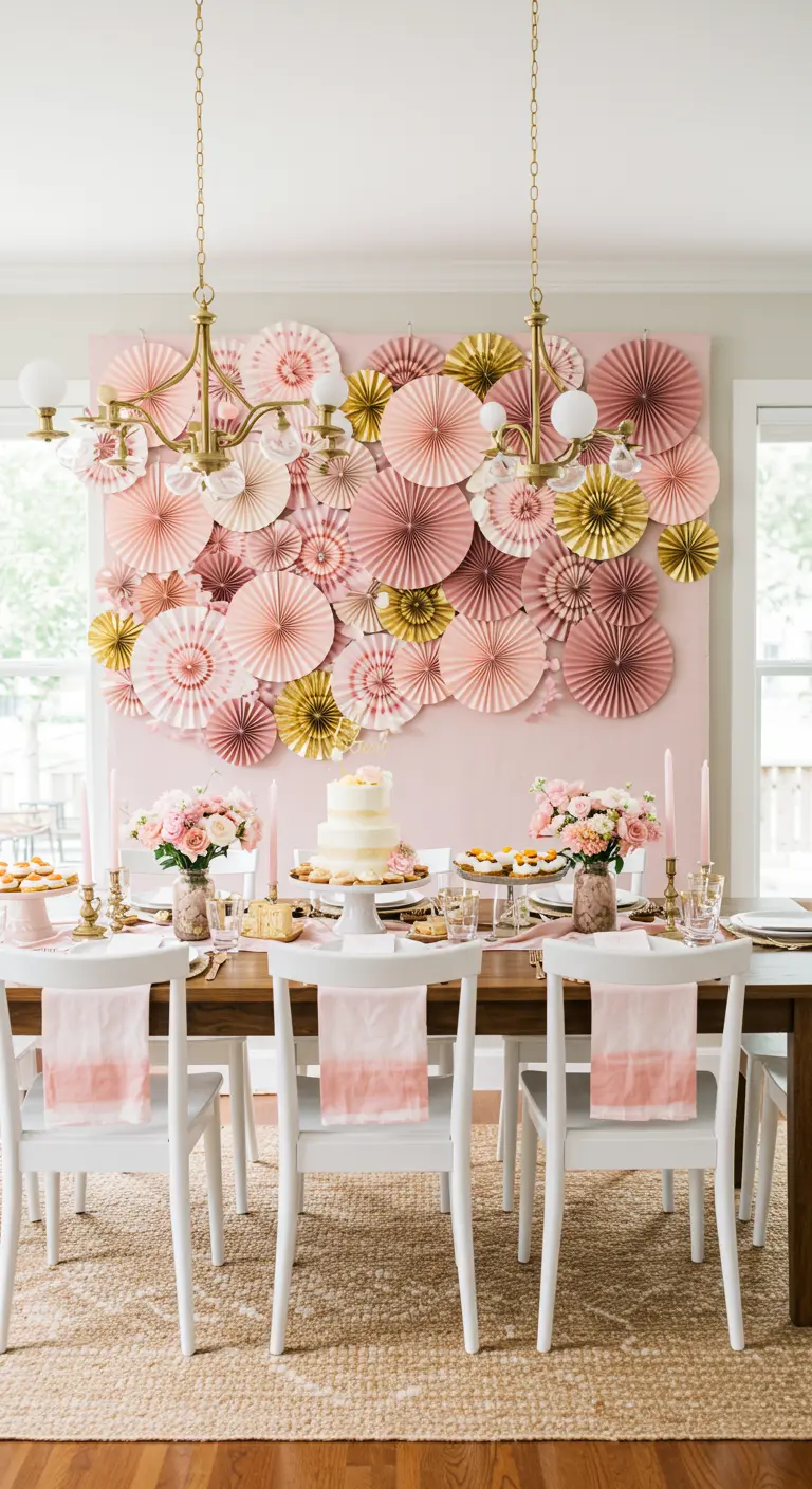 A stunning party table with a backdrop of pink and gold paper rosettes.